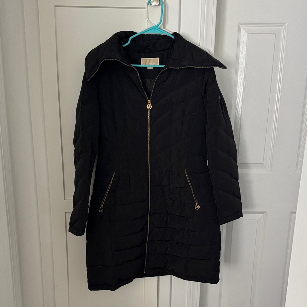Michael Kors Black Quilted Long Puffer Coat with Gold Zipper